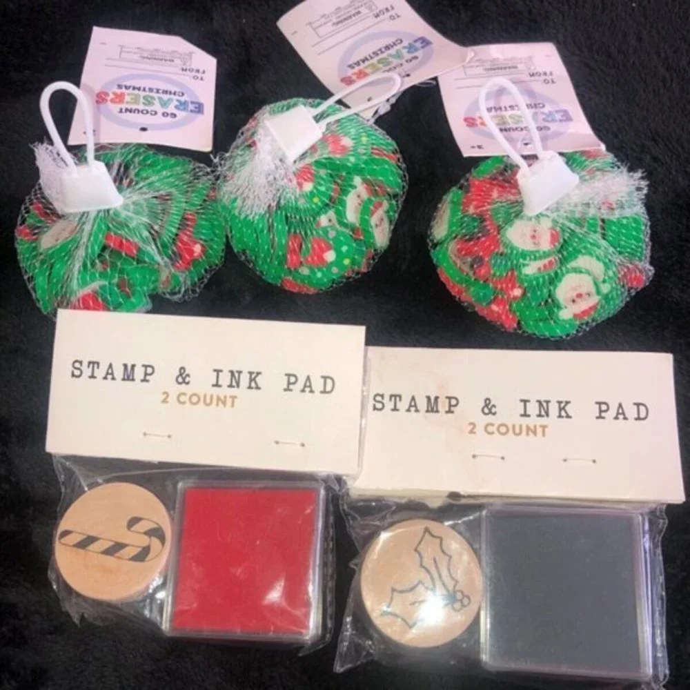 Christmas Erasers Stamp Ink Pad‎ Set Holiday Candy Cane Holly